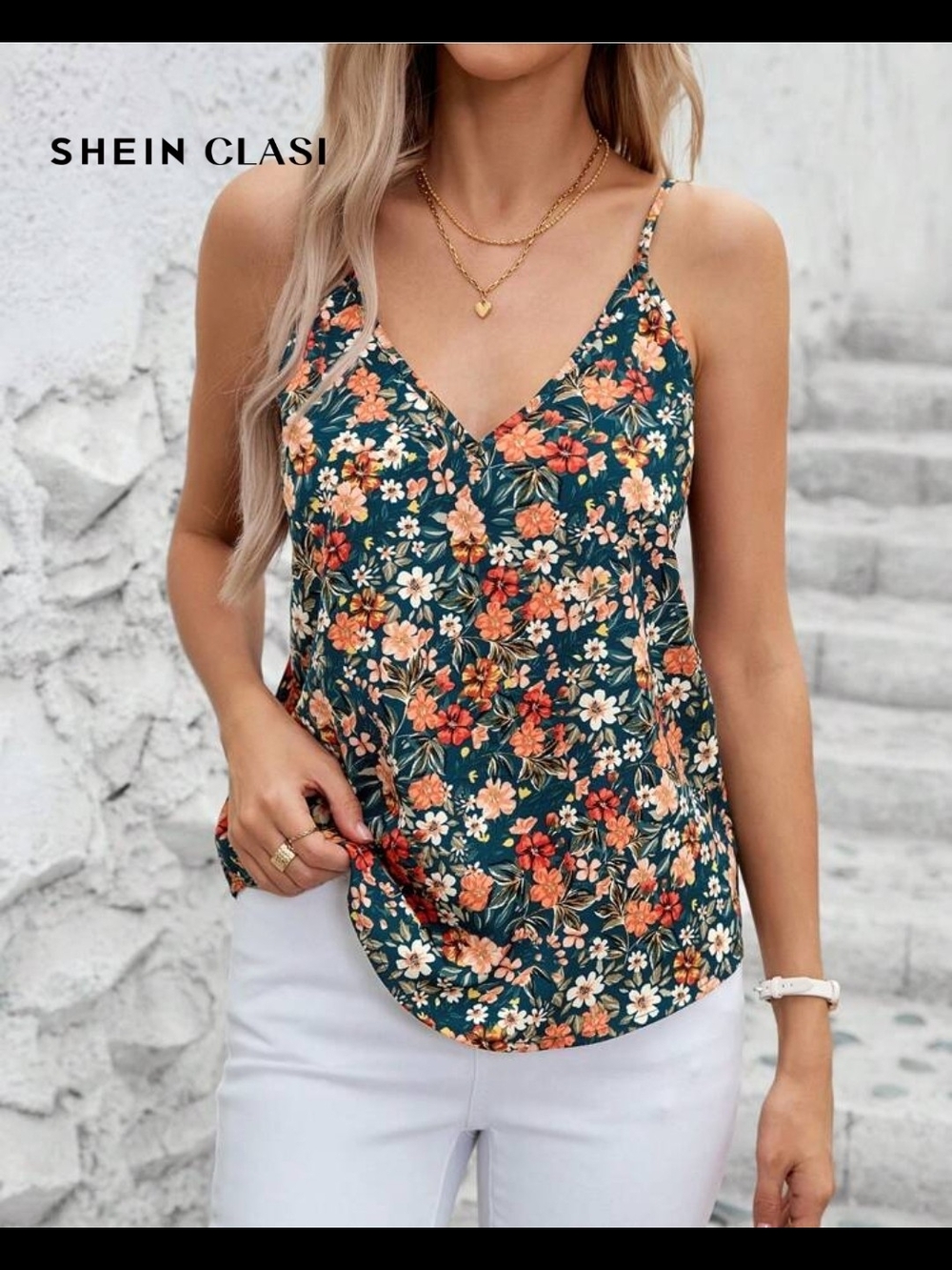 SHEIN Floral V-Neck Cami in Teal with Orange and Cream Flowers